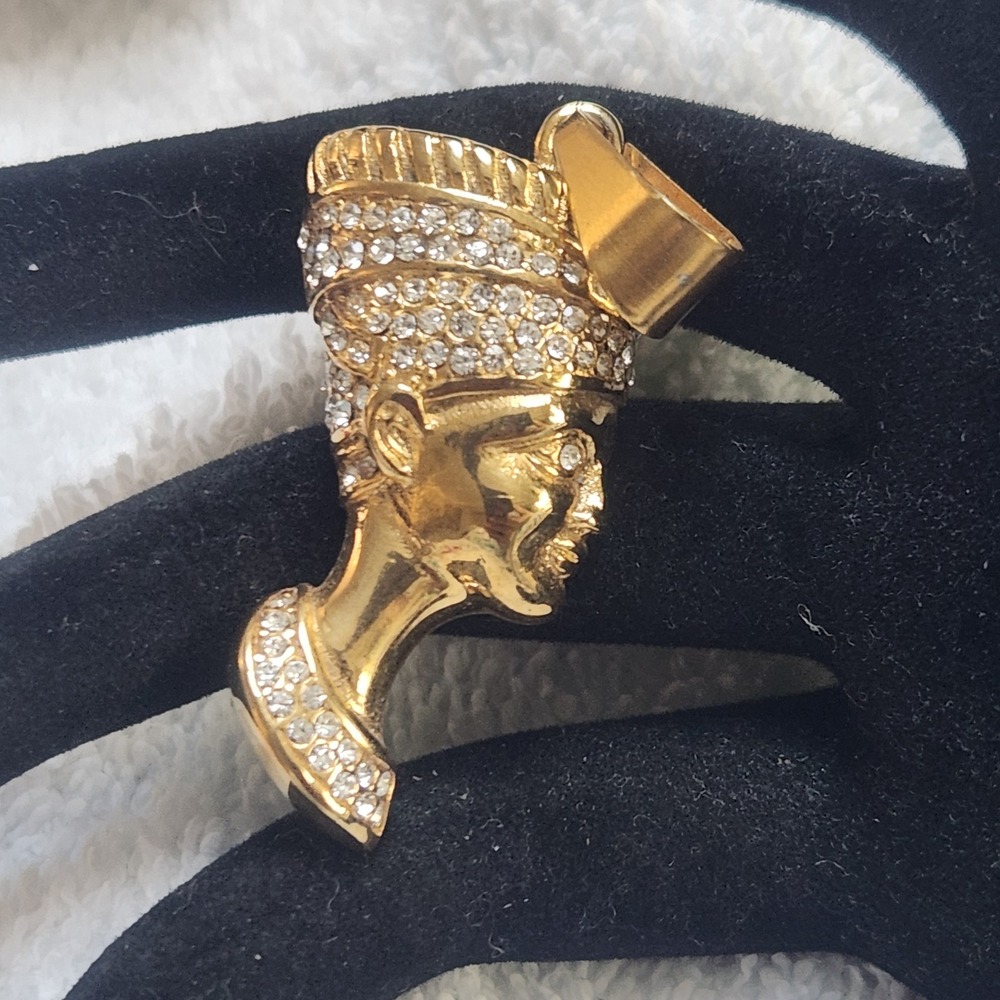 Gold Tone Queen Nefertiti Pendant Clear Rhinestone Egyptian Revival Hip Hop